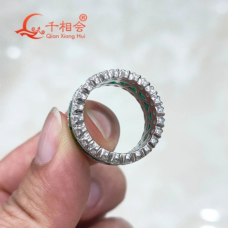 925 silver green color 3mm rectangle shape lab Emerald stone ring melee moissanite Eternity Band jewelry Engagement Party