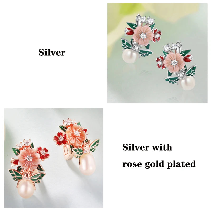 Laya 925 Sterling Silver High Quality Zircon Natural Pearl Shell Flower Leaf Enamel Drop Earrings For Women Trendy Jewelry