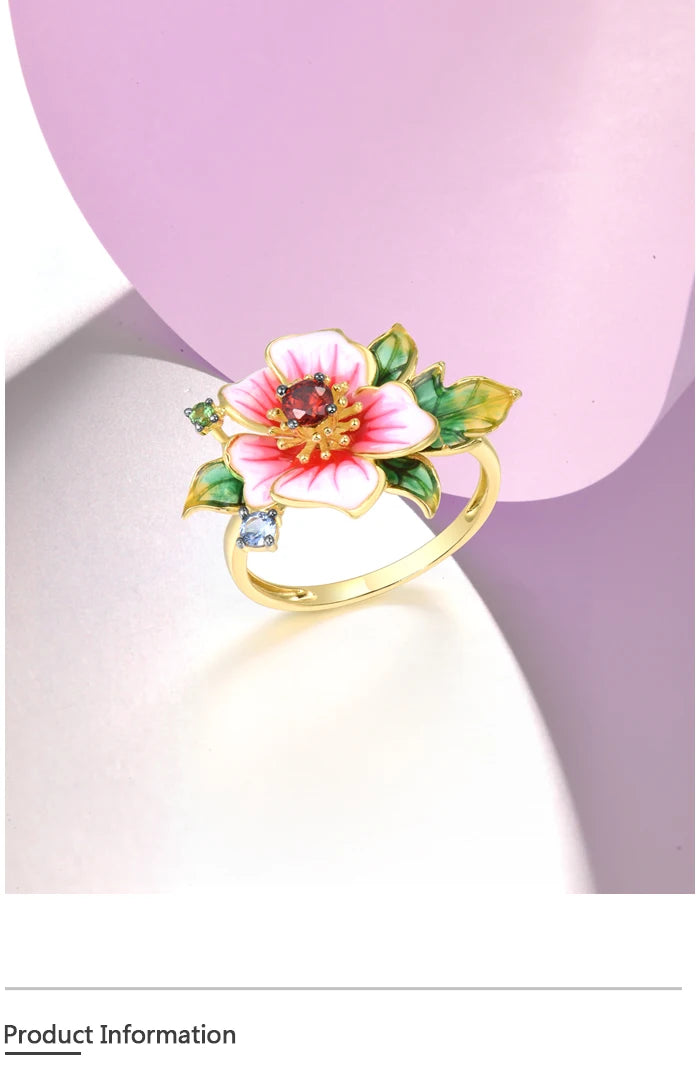 SANTUZZA Pure 925 Sterling Silver Rings For Women Exquisite Blooming Flower Garnet CZ Ring Party Fine Jewelry Handmade Enamel