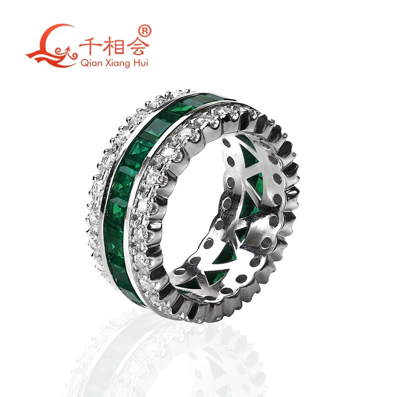 925 silver green color 3mm rectangle shape lab Emerald stone ring melee moissanite Eternity Band jewelry Engagement Party