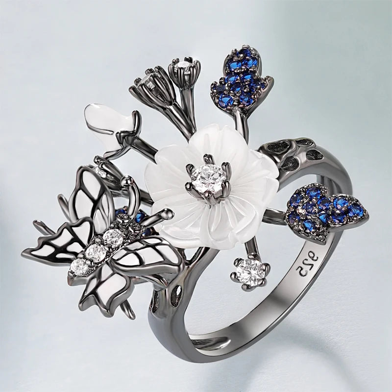 Laya Ring For Women High Quality Zircon Natural Shell Flower Butterfly Enamel 925 Sterling Silver Anillos Fashion Jewelry