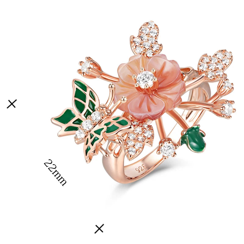 Laya Ring For Women High Quality Zircon Natural Shell Flower Butterfly Enamel 925 Sterling Silver Anillos Fashion Jewelry