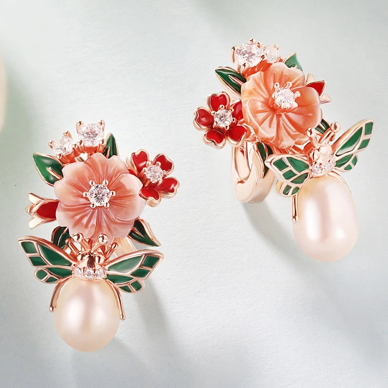 Laya 925 Sterling Silver High Quality Zircon Natural Pearl Shell Flower Leaf Enamel Drop Earrings For Women Trendy Jewelry
