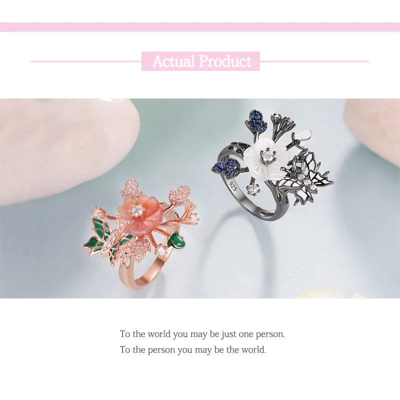 Laya Ring For Women High Quality Zircon Natural Shell Flower Butterfly Enamel 925 Sterling Silver Anillos Fashion Jewelry