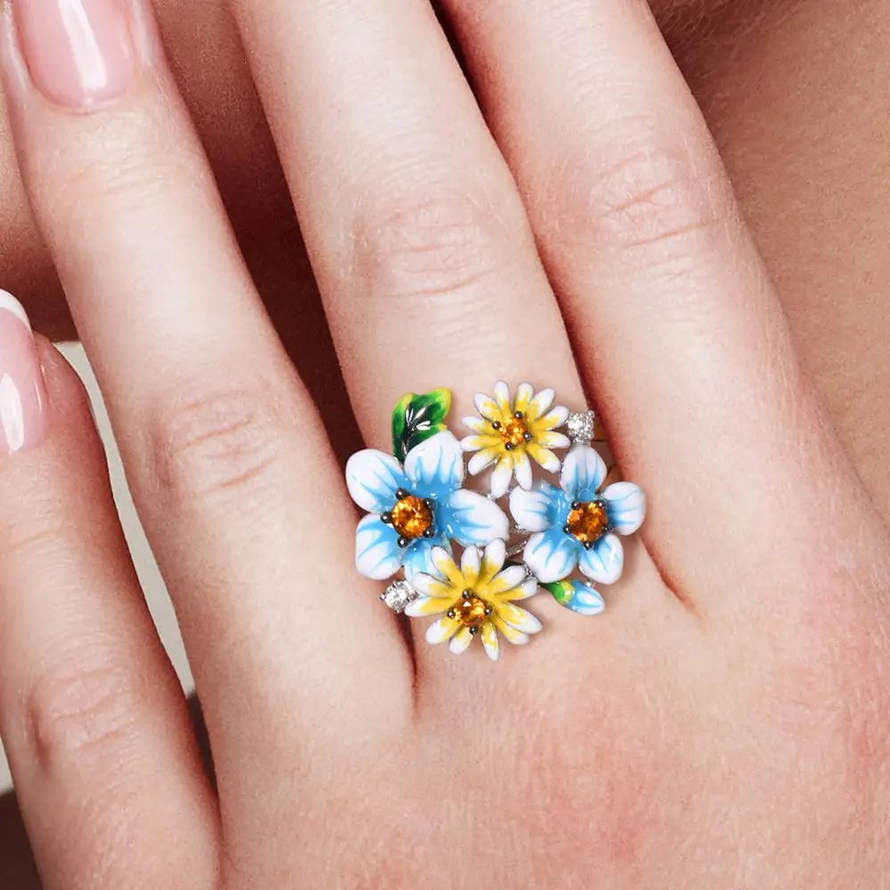 SANTUZZA 925 Sterling Silver Rings For Women Elegant Blue Yellow Blooming Flowers Cubic Zirconia Fine Jewelry Handmade Enamel