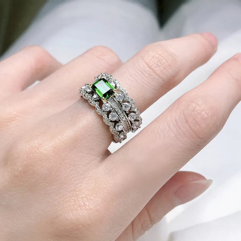 Luomansi 4*6MM Emerald Double Row Full Diamond Wide Ring 100%-S925 Sterling Silver Jewelry Wedding Cocktail Party Woman Gift