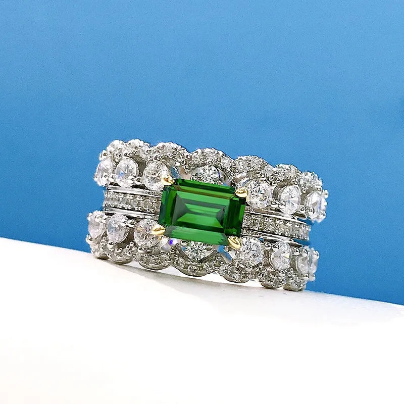 Luomansi 4*6MM Emerald Double Row Full Diamond Wide Ring 100%-S925 Sterling Silver Jewelry Wedding Cocktail Party Woman Gift