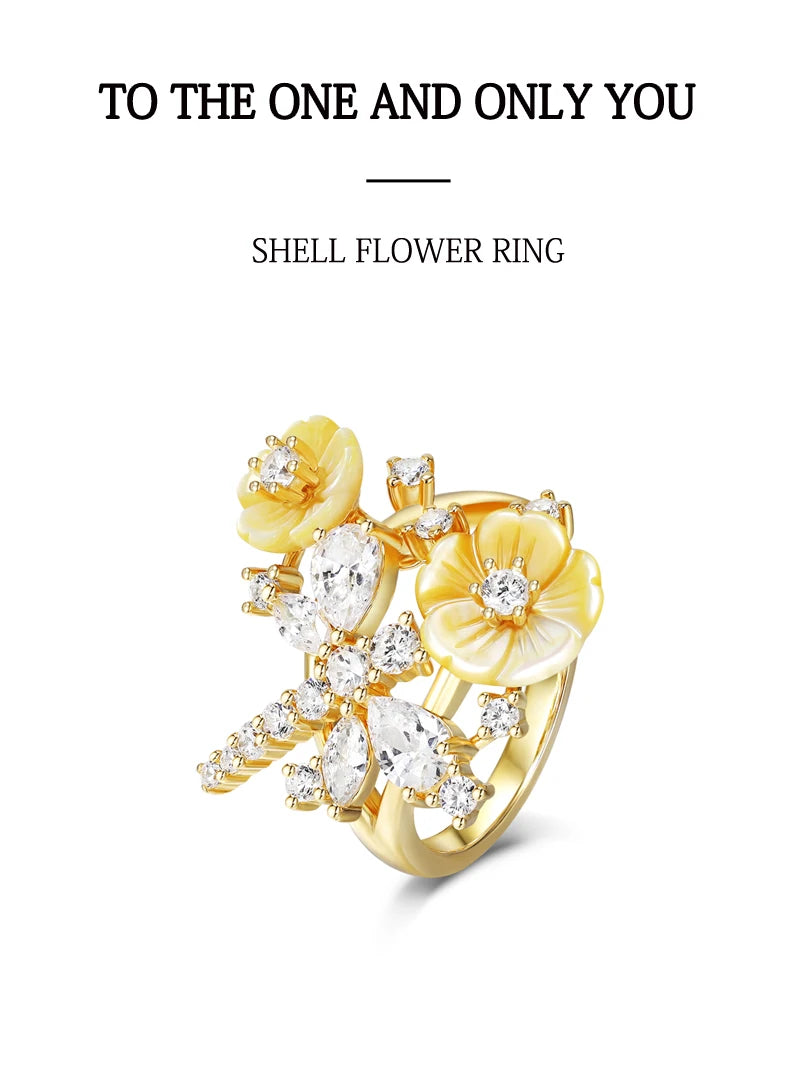 Laya 925 Sterling Silver Summer Hot Style High Quality Zircon Natural Shell Flower Dragonfly Ring For Women Luxury Jewelry