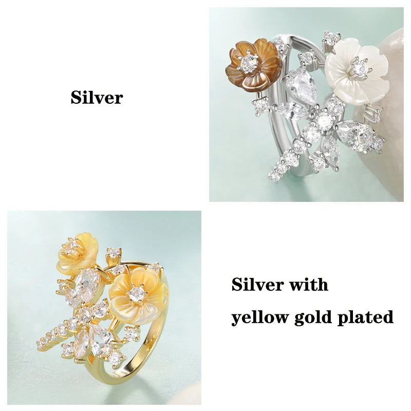 Laya 925 Sterling Silver Summer Hot Style High Quality Zircon Natural Shell Flower Dragonfly Ring For Women Luxury Jewelry