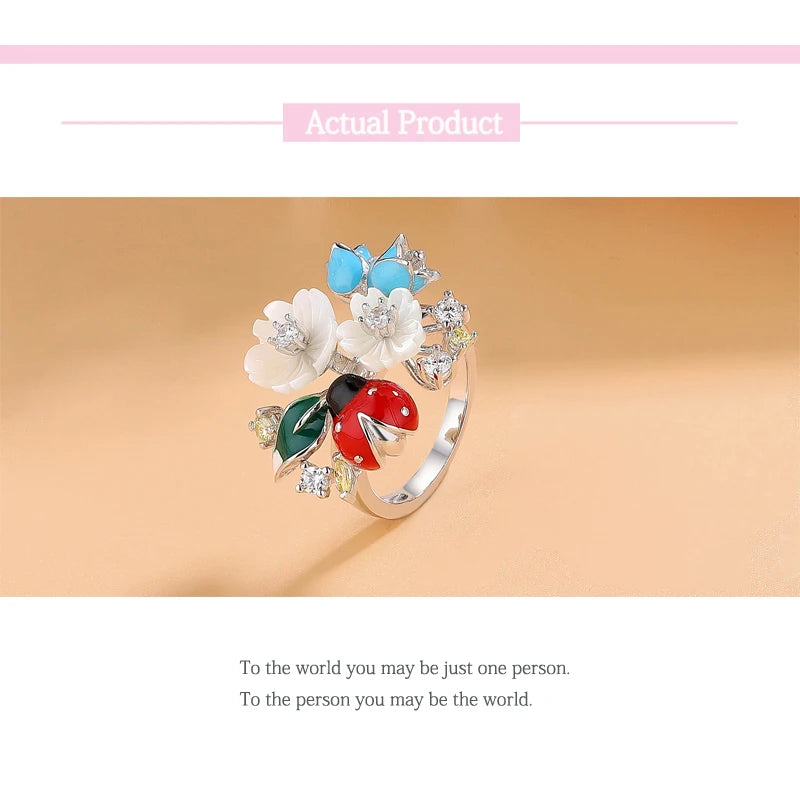 Laya 925 Sterling Silver Fashion Natural Shell Flower Green Leaf Enamel Animal High Quality Zircon Ring For Women Jewelry
