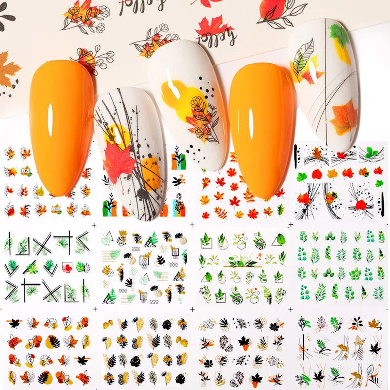 12 Designs Nail Stickers Set Mixed Floral Geometric Nail Art Water Transfer Decals Sliders Flower Leaves Manicures Decoration
