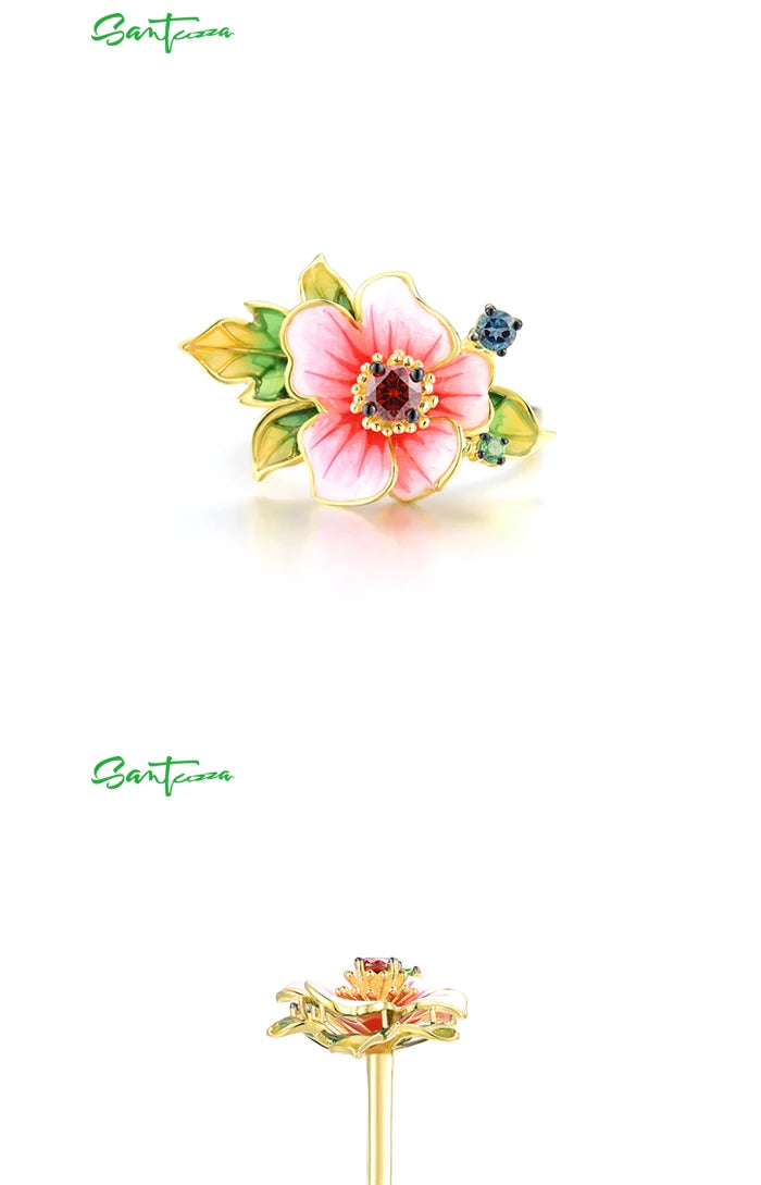 SANTUZZA Pure 925 Sterling Silver Rings For Women Exquisite Blooming Flower Garnet CZ Ring Party Fine Jewelry Handmade Enamel