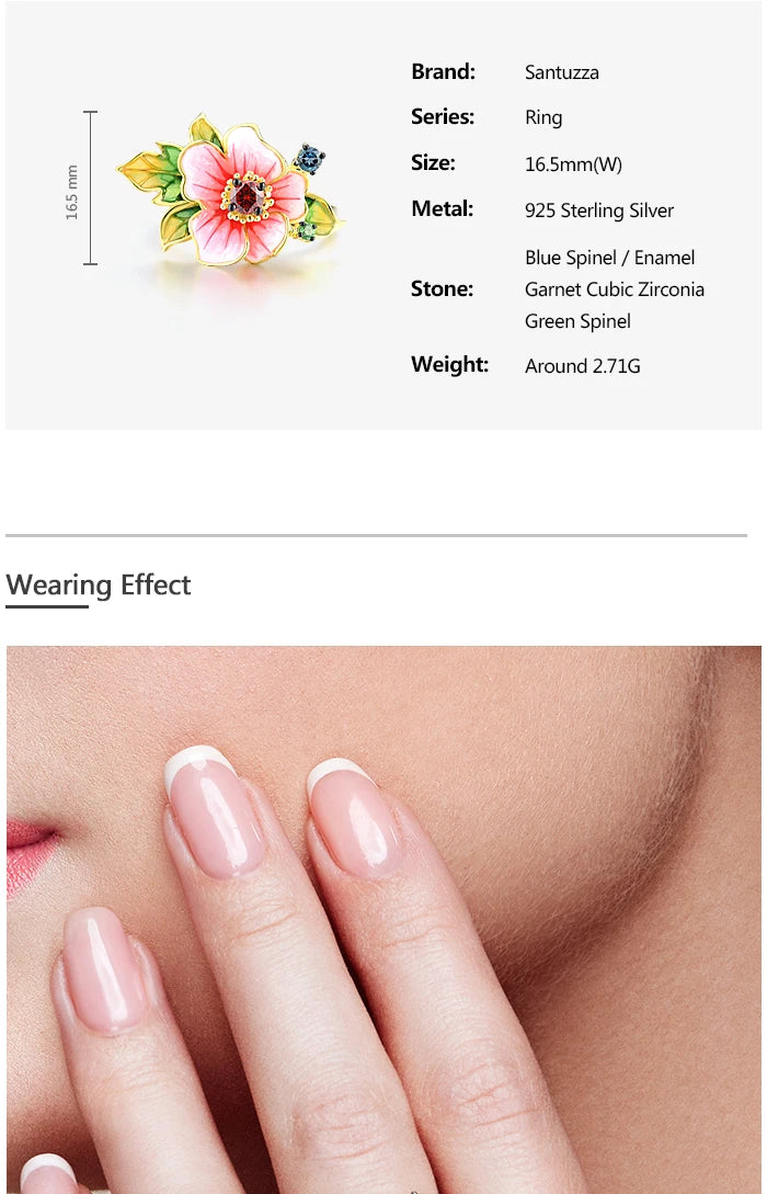 SANTUZZA Pure 925 Sterling Silver Rings For Women Exquisite Blooming Flower Garnet CZ Ring Party Fine Jewelry Handmade Enamel