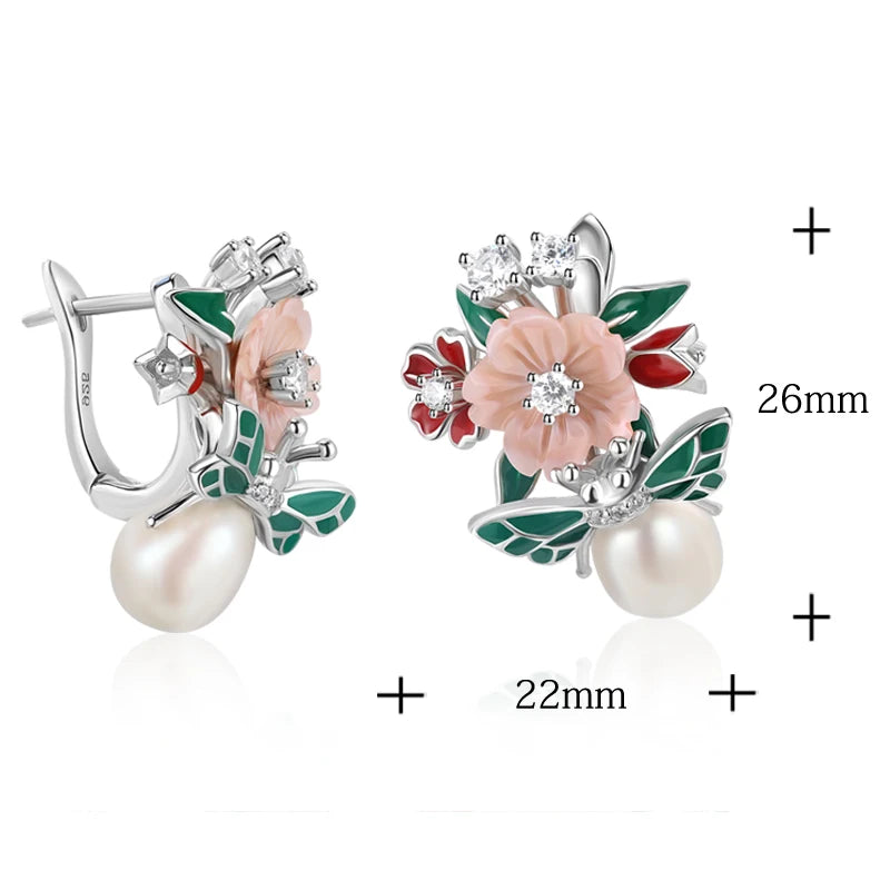 Laya 925 Sterling Silver High Quality Zircon Natural Pearl Shell Flower Leaf Enamel Drop Earrings For Women Trendy Jewelry