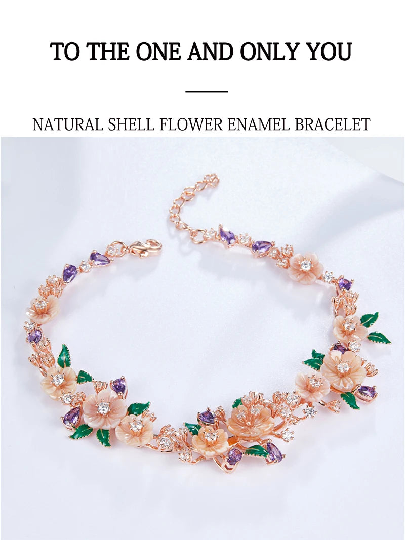 LAYA 925 Sterling Silver Fashion Natural Shell Flower Green Leaf Enamel High Quality Zircon Bracelet For Wedding Jewelry