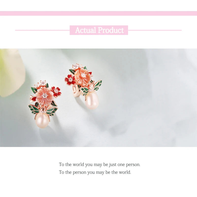 Laya 925 Sterling Silver High Quality Zircon Natural Pearl Shell Flower Leaf Enamel Drop Earrings For Women Trendy Jewelry