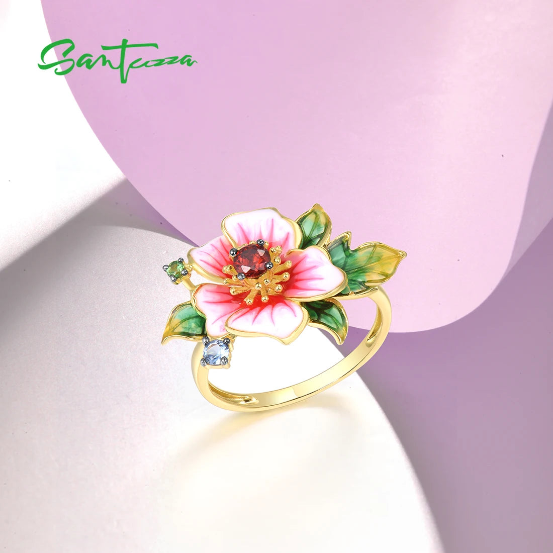 SANTUZZA Pure 925 Sterling Silver Rings For Women Exquisite Blooming Flower Garnet CZ Ring Party Fine Jewelry Handmade Enamel