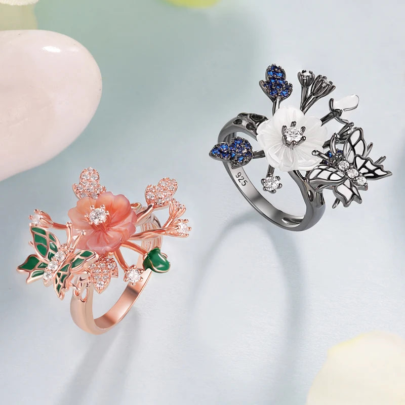 Laya Ring For Women High Quality Zircon Natural Shell Flower Butterfly Enamel 925 Sterling Silver Anillos Fashion Jewelry
