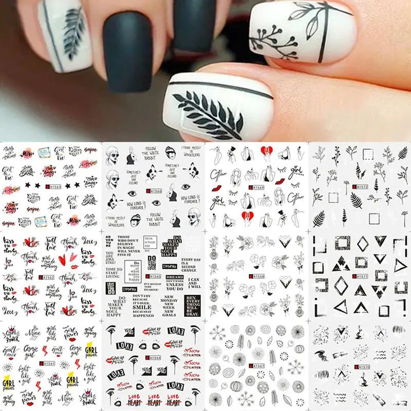 12 Designs Nail Stickers Set Mixed Floral Geometric Nail Art Water Transfer Decals Sliders Flower Leaves Manicures Decoration