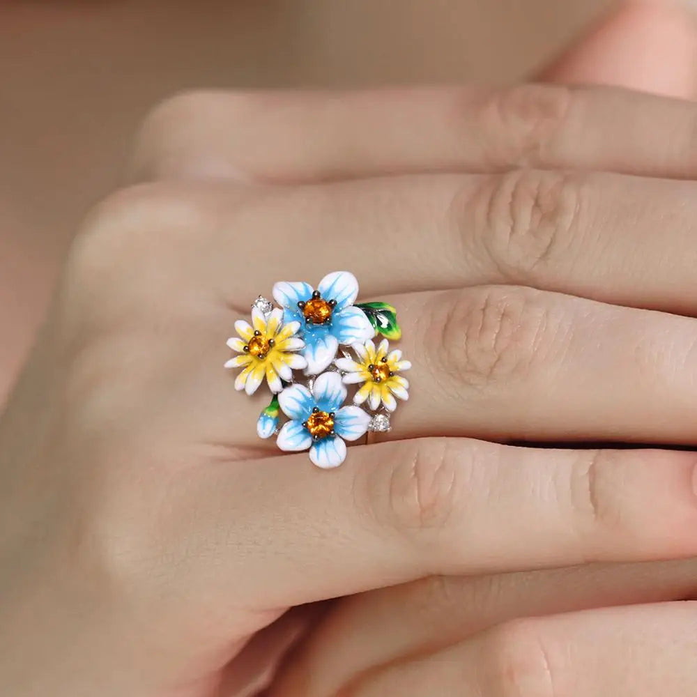 SANTUZZA 925 Sterling Silver Rings For Women Elegant Blue Yellow Blooming Flowers Cubic Zirconia Fine Jewelry Handmade Enamel
