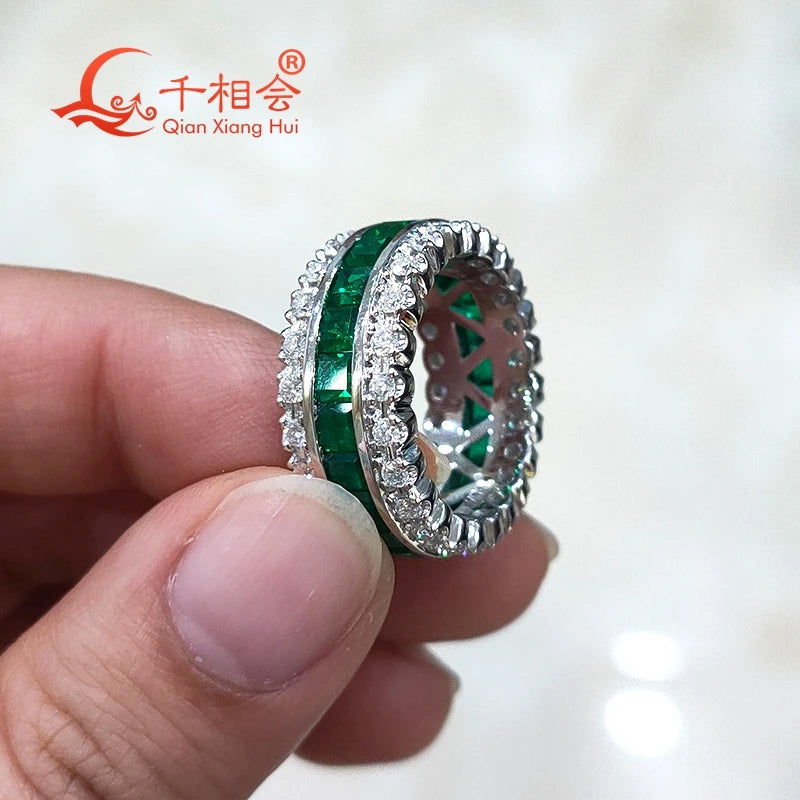 925 silver green color 3mm rectangle shape lab Emerald stone ring melee moissanite Eternity Band jewelry Engagement Party