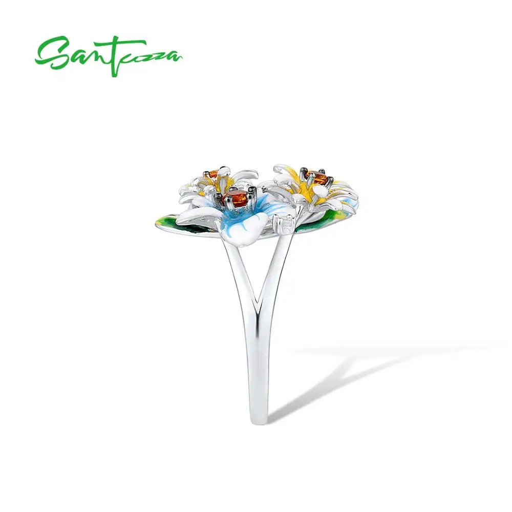 SANTUZZA 925 Sterling Silver Rings For Women Elegant Blue Yellow Blooming Flowers Cubic Zirconia Fine Jewelry Handmade Enamel
