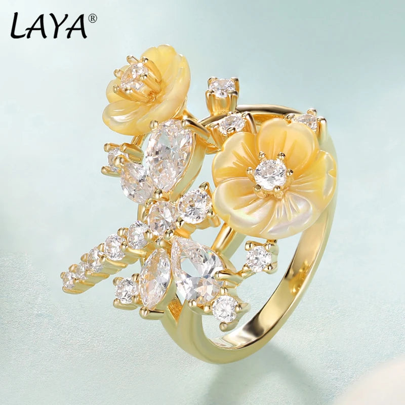 Laya 925 Sterling Silver Summer Hot Style High Quality Zircon Natural Shell Flower Dragonfly Ring For Women Luxury Jewelry
