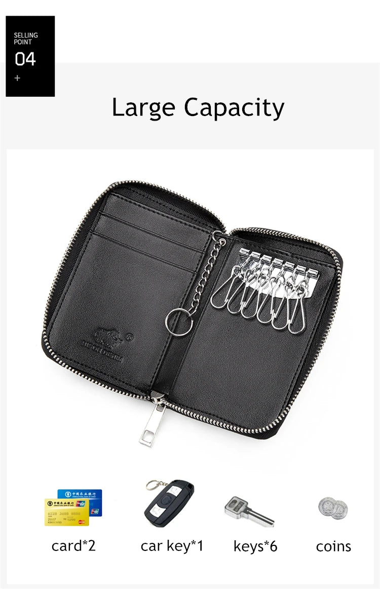 BISON DENIM Genuine Leather Key Wallet Male Card Keychain Cover Zipper Card Holder Wallet Key Organizer Large Capacity N9462