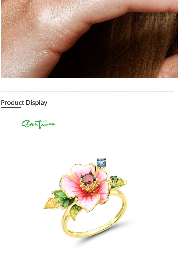 SANTUZZA Pure 925 Sterling Silver Rings For Women Exquisite Blooming Flower Garnet CZ Ring Party Fine Jewelry Handmade Enamel