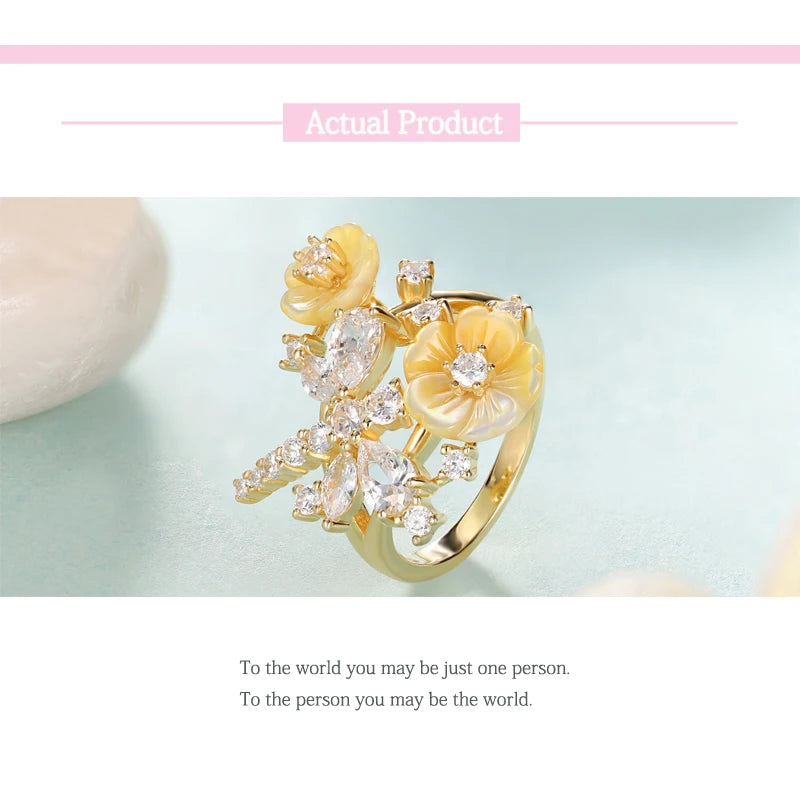 Laya 925 Sterling Silver Summer Hot Style High Quality Zircon Natural Shell Flower Dragonfly Ring For Women Luxury Jewelry