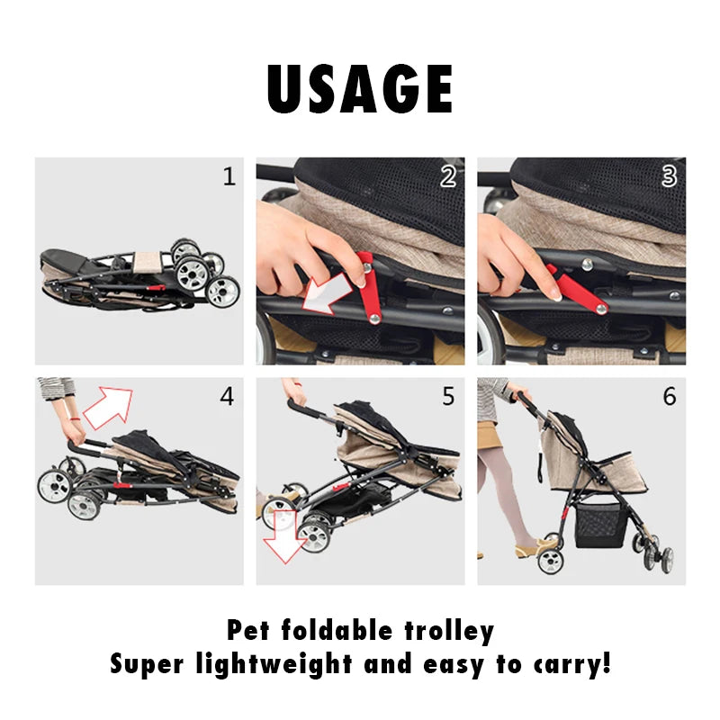 Foldable Pet Stroller 4-Wheel Dog Travel Stroller Pushchair Jogger with Storage Basket for Puppy Cat Pet Suplies Outdoor