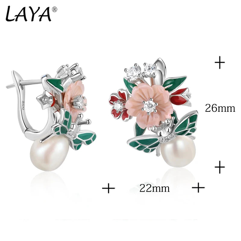 Laya 925 Sterling Silver High Quality Zircon Natural Pearl Shell Flower Leaf Enamel Drop Earrings For Women Trendy Jewelry