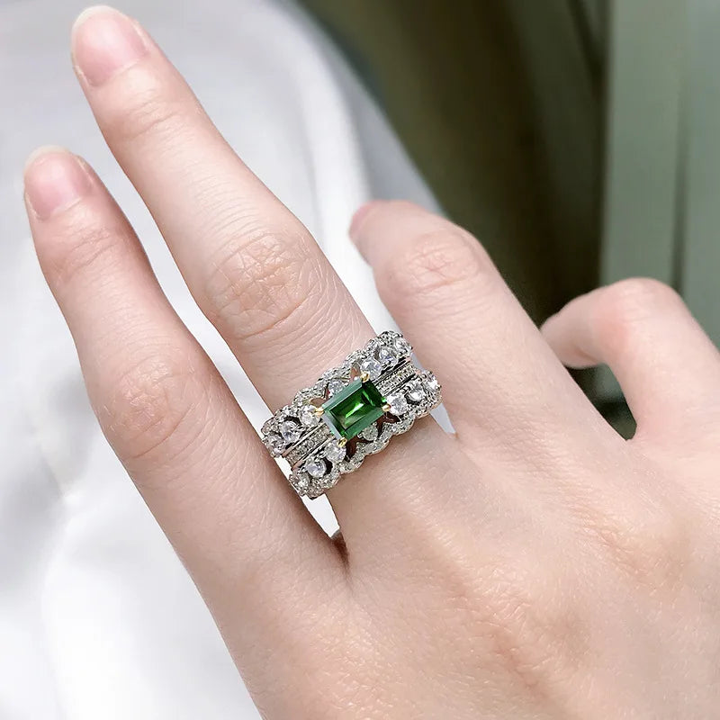 Luomansi 4*6MM Emerald Double Row Full Diamond Wide Ring 100%-S925 Sterling Silver Jewelry Wedding Cocktail Party Woman Gift