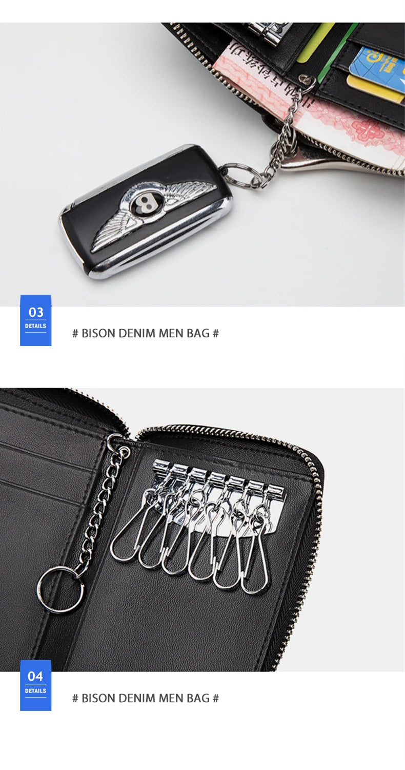 BISON DENIM Genuine Leather Key Wallet Male Card Keychain Cover Zipper Card Holder Wallet Key Organizer Large Capacity N9462