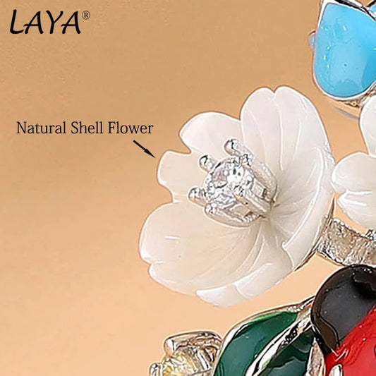 Laya 925 Sterling Silver Fashion Natural Shell Flower Green Leaf Enamel Animal High Quality Zircon Ring For Women Jewelry