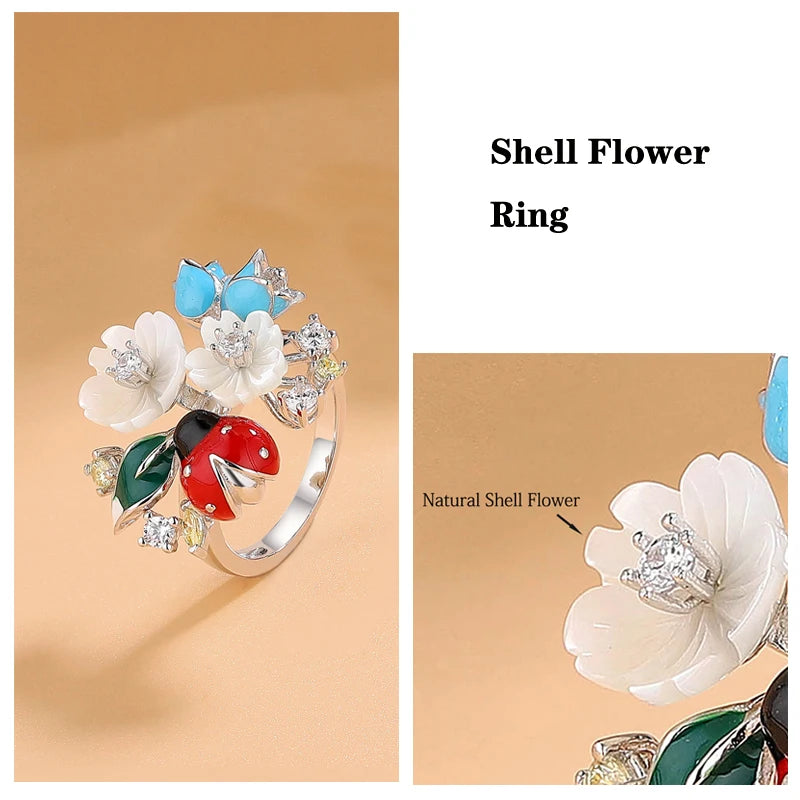 Laya 925 Sterling Silver Fashion Natural Shell Flower Green Leaf Enamel Animal High Quality Zircon Ring For Women Jewelry
