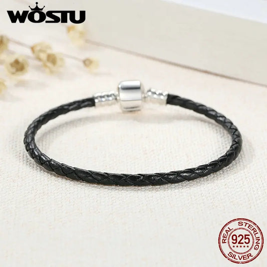 WOSTU New 100% 925 Sterling Silver & Real Black Leather Chain Charm Fit Bracelet For Women Men Original Fine Jewelry XCHS911