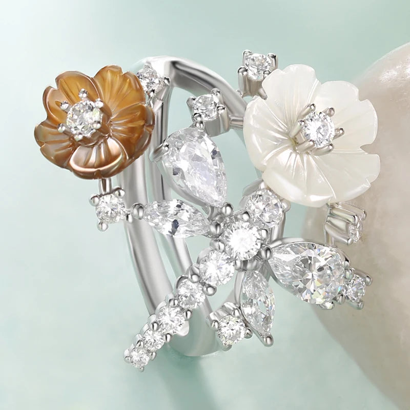 Laya 925 Sterling Silver Summer Hot Style High Quality Zircon Natural Shell Flower Dragonfly Ring For Women Luxury Jewelry