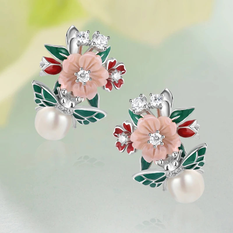 Laya 925 Sterling Silver High Quality Zircon Natural Pearl Shell Flower Leaf Enamel Drop Earrings For Women Trendy Jewelry
