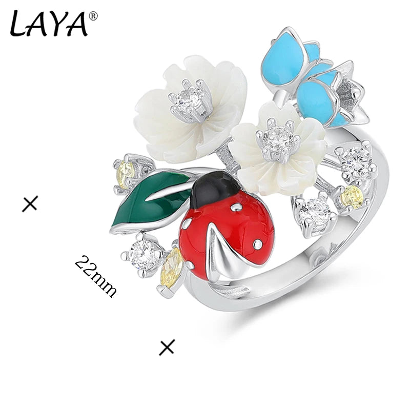 Laya 925 Sterling Silver Fashion Natural Shell Flower Green Leaf Enamel Animal High Quality Zircon Ring For Women Jewelry