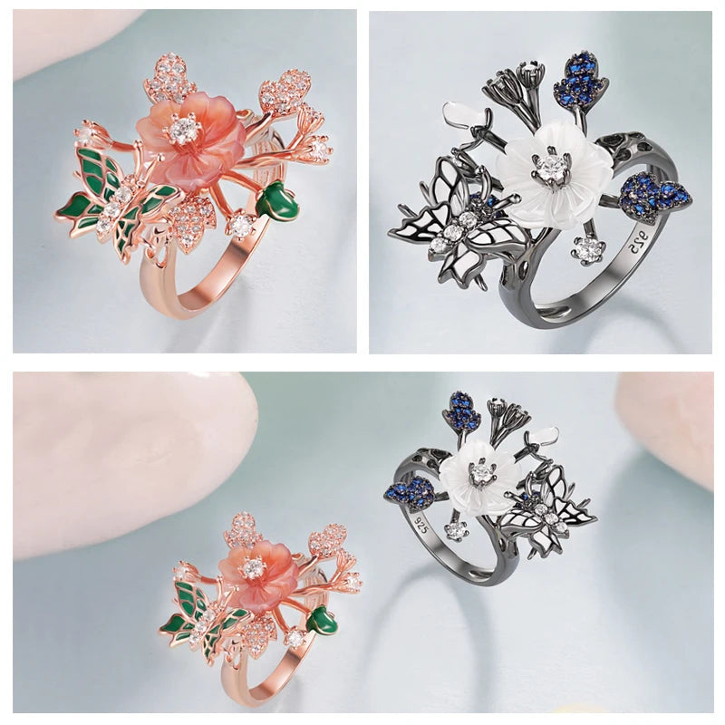 Laya Ring For Women High Quality Zircon Natural Shell Flower Butterfly Enamel 925 Sterling Silver Anillos Fashion Jewelry
