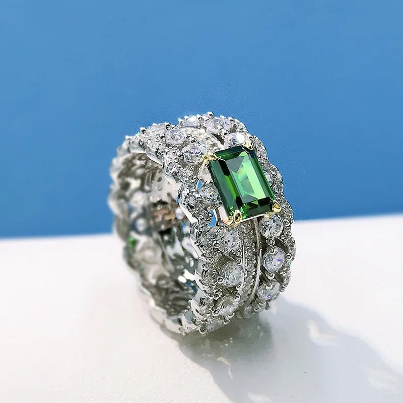 Luomansi 4*6MM Emerald Double Row Full Diamond Wide Ring 100%-S925 Sterling Silver Jewelry Wedding Cocktail Party Woman Gift