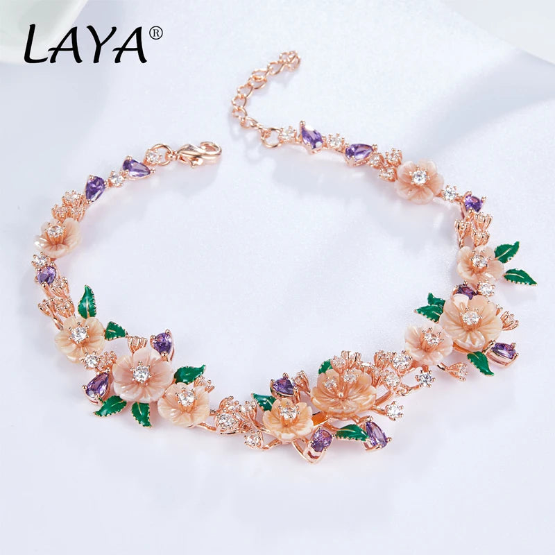 LAYA 925 Sterling Silver Fashion Natural Shell Flower Green Leaf Enamel High Quality Zircon Bracelet For Wedding Jewelry