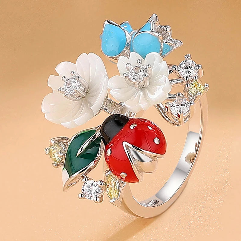 Laya 925 Sterling Silver Fashion Natural Shell Flower Green Leaf Enamel Animal High Quality Zircon Ring For Women Jewelry