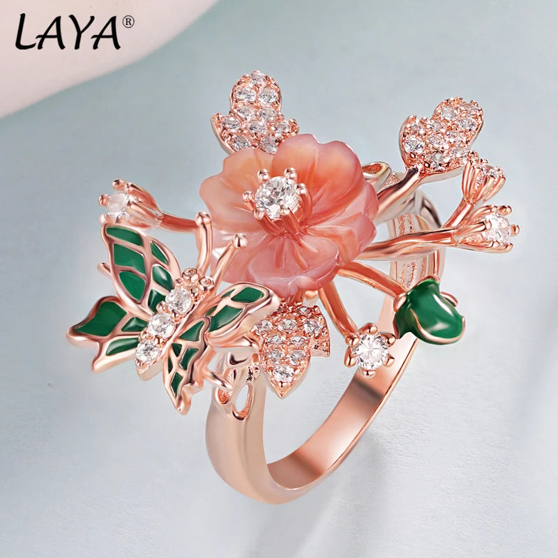 Laya Ring For Women High Quality Zircon Natural Shell Flower Butterfly Enamel 925 Sterling Silver Anillos Fashion Jewelry