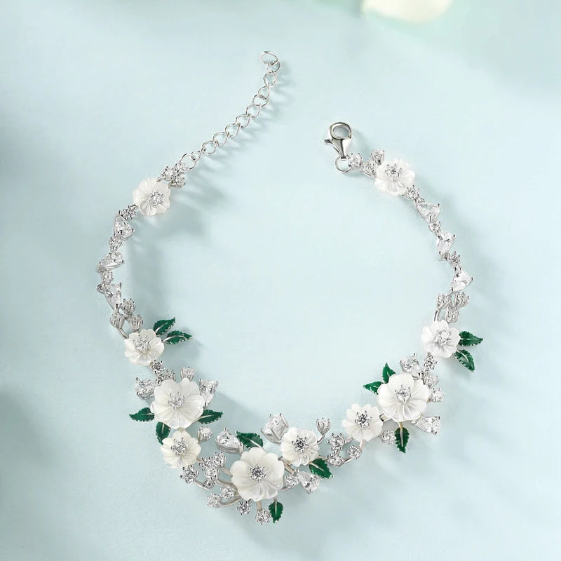LAYA 925 Sterling Silver Fashion Natural Shell Flower Green Leaf Enamel High Quality Zircon Bracelet For Wedding Jewelry