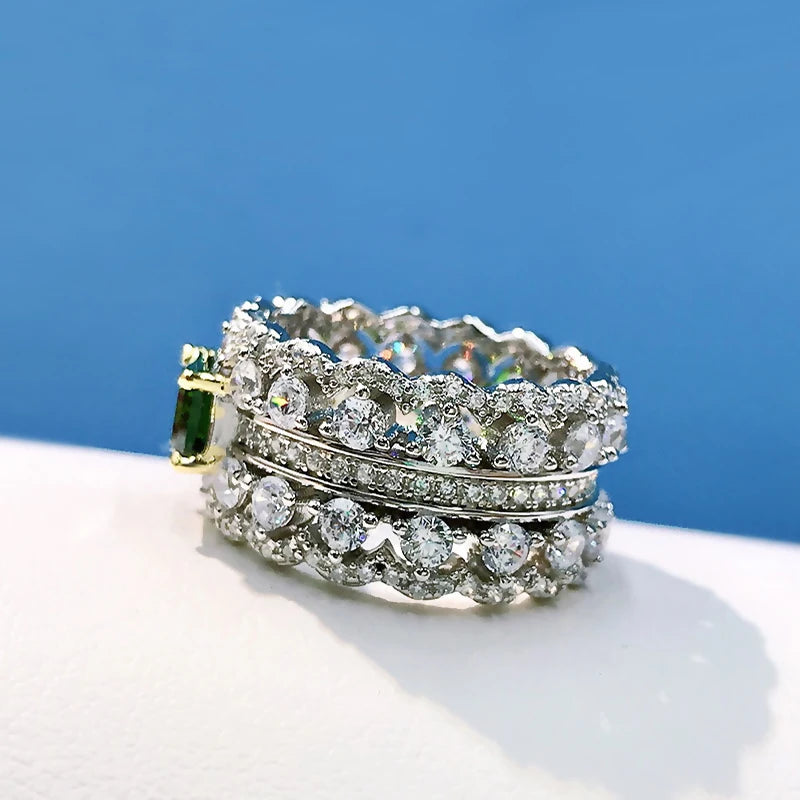 Luomansi 4*6MM Emerald Double Row Full Diamond Wide Ring 100%-S925 Sterling Silver Jewelry Wedding Cocktail Party Woman Gift