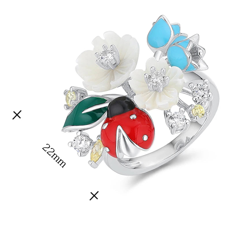 Laya 925 Sterling Silver Fashion Natural Shell Flower Green Leaf Enamel Animal High Quality Zircon Ring For Women Jewelry