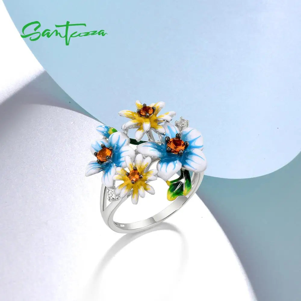 SANTUZZA 925 Sterling Silver Rings For Women Elegant Blue Yellow Blooming Flowers Cubic Zirconia Fine Jewelry Handmade Enamel