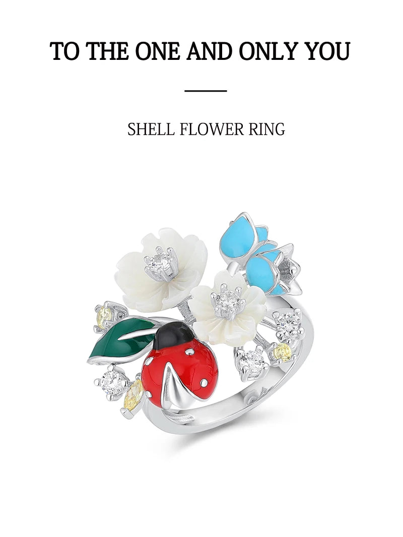 Laya 925 Sterling Silver Fashion Natural Shell Flower Green Leaf Enamel Animal High Quality Zircon Ring For Women Jewelry